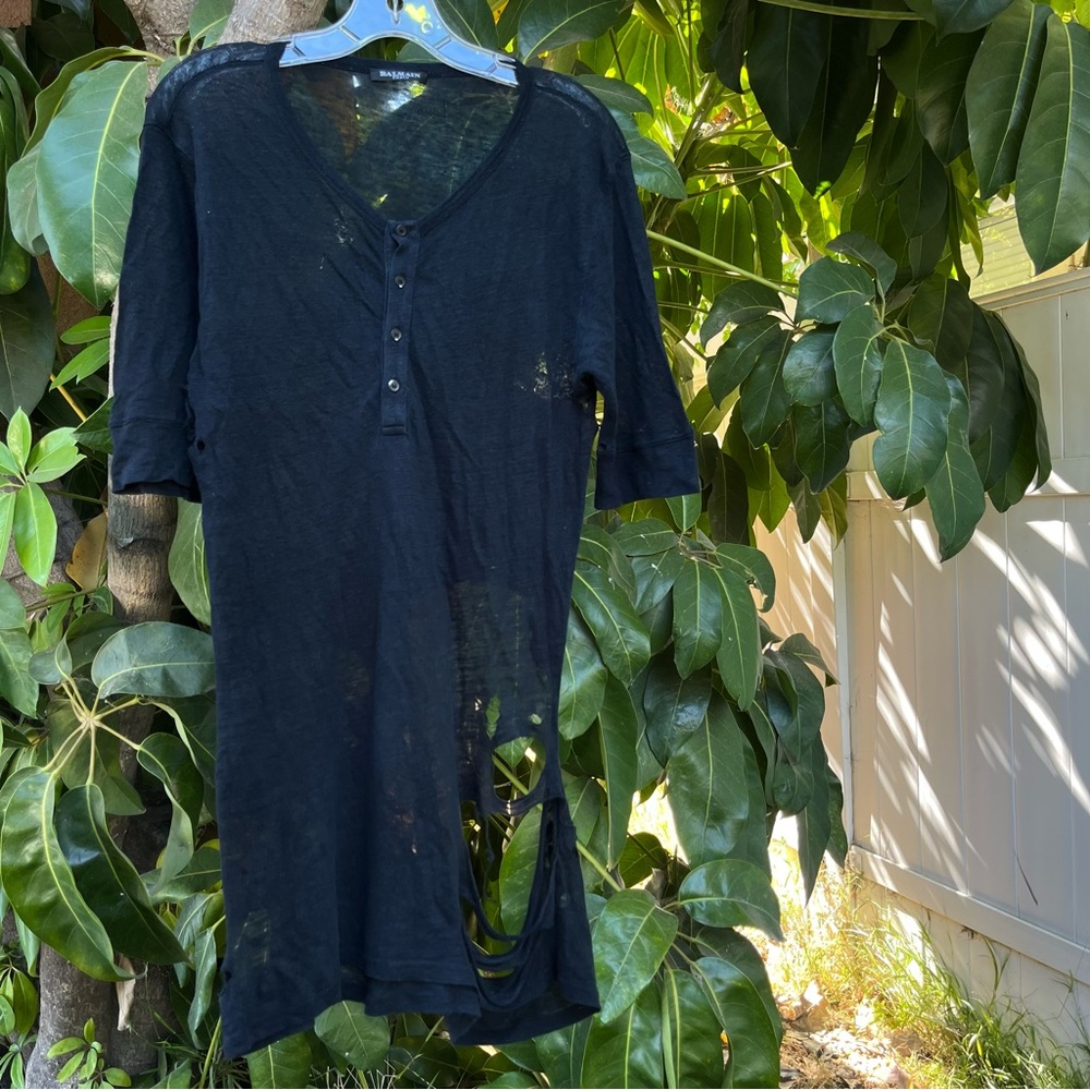 Luxury Designer Balmain Paris Distressed Top.